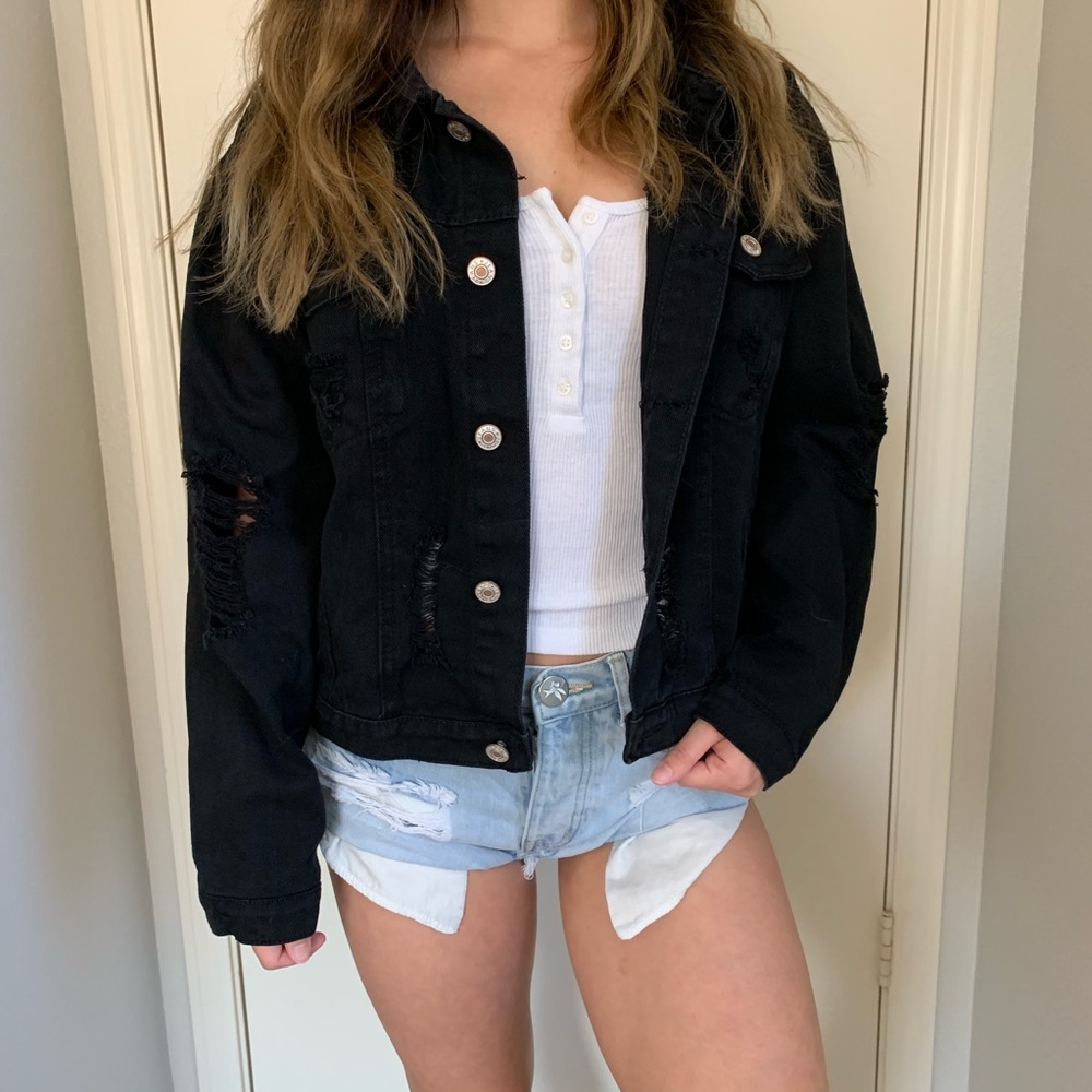 Black distressed denim jacket
